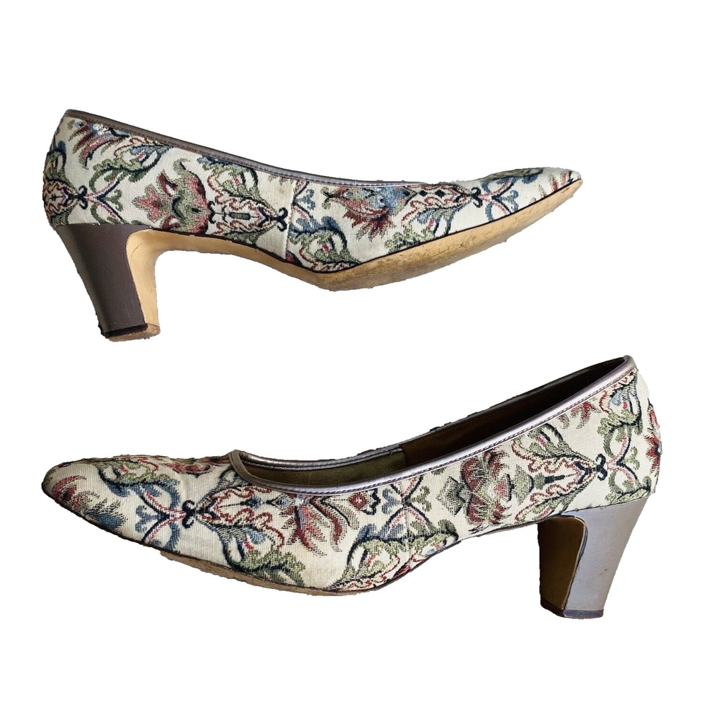 Vintage Mid High Heel Pumps Cosmopolitans Mid Century Tapestry Textile Shoes US9
